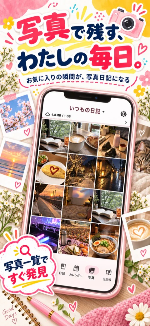 写真と一緒に日記を残せることを紹介するストア画像