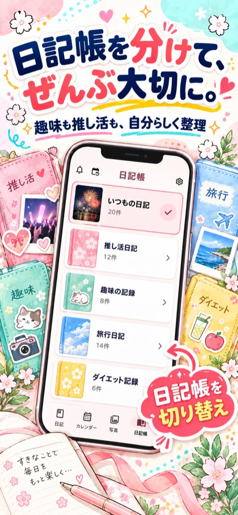 用途ごとに日記帳を分けられることを紹介するストア画像