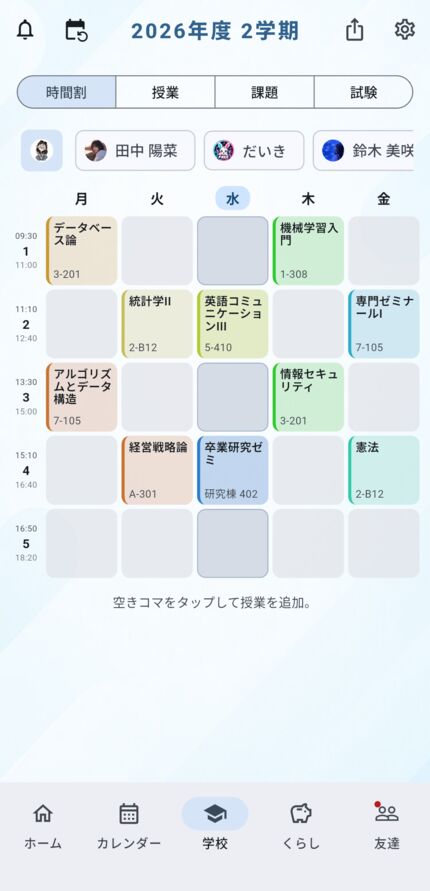 さわやかのテーマで表示した時間割の画面