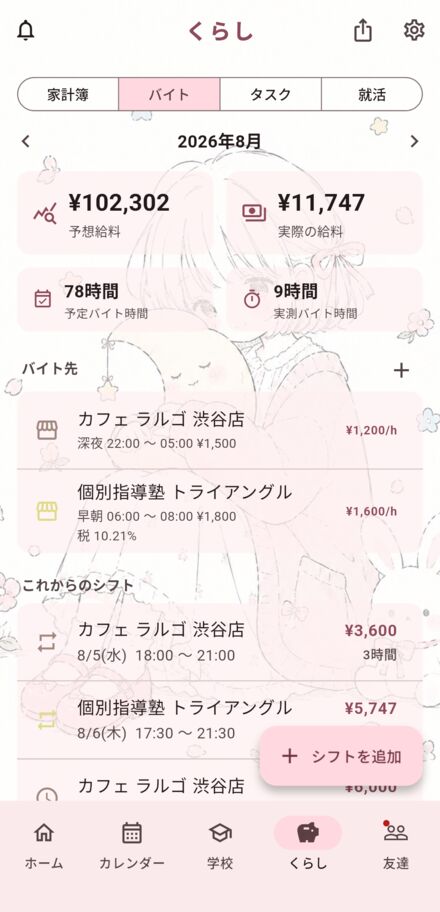 今月の予想給料と勤務時間が出るバイトの画面
