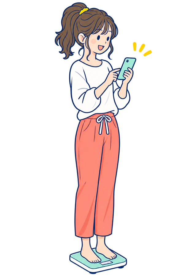 体重計に乗り、スマートフォンで今日の体重を記録する人のイラスト